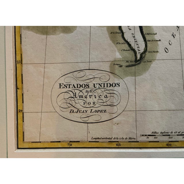 American Juan Lopez Antique Colored Engraving "Estados Unidos De America" Circa 1800 For Sale - Image 3 of 5