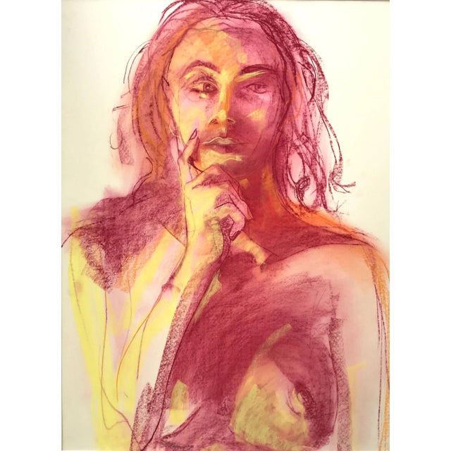 Vintage expressionist pastel portrait of a female nude in pink, red, orange, and yellow. Presented matted and in a gilt...