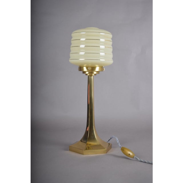Josef Hoffmann Style Brass Table Lamp, Opaline Glass Shade, Wiener Werkstätte Inspired, Austria / Europe, 1990s For Sale - Image 11 of 13
