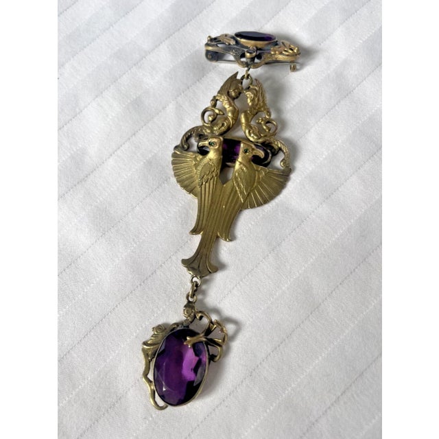 Art Deco Phoenix Pin. Rare. Brass and amethyst colored glass. See Photos Extraordinary! 1.5" L x 4.5" H B12