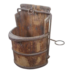 Late 19th Century Primitive Antique Chinese Forged Iron & Elm Water Bucket Umbrella Cane Stand