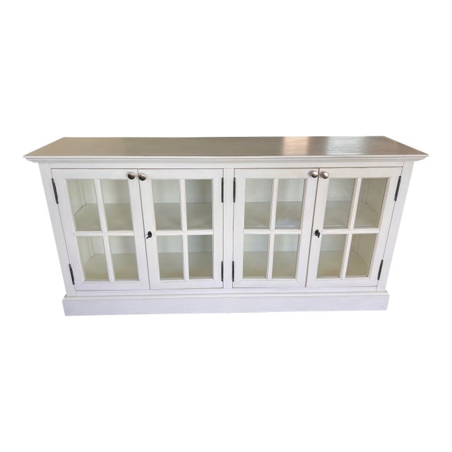 Vintage Painted White Sideboard Credenza Coastal Farmhouse Console Window Pane Doors 72” For Sale