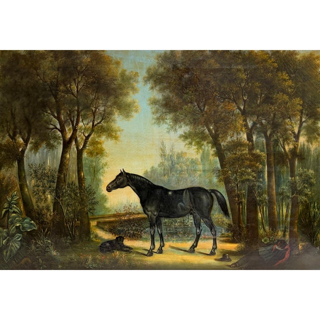 Textile Black Horse and Dog in British Countryside Landscape Oil Painting, Large Scale, 19th Century For Sale - Image 7 of 7