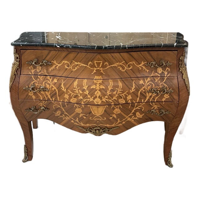Late 20th Century Marble Top Bombe Chest With Inlaid Floral Design For Sale