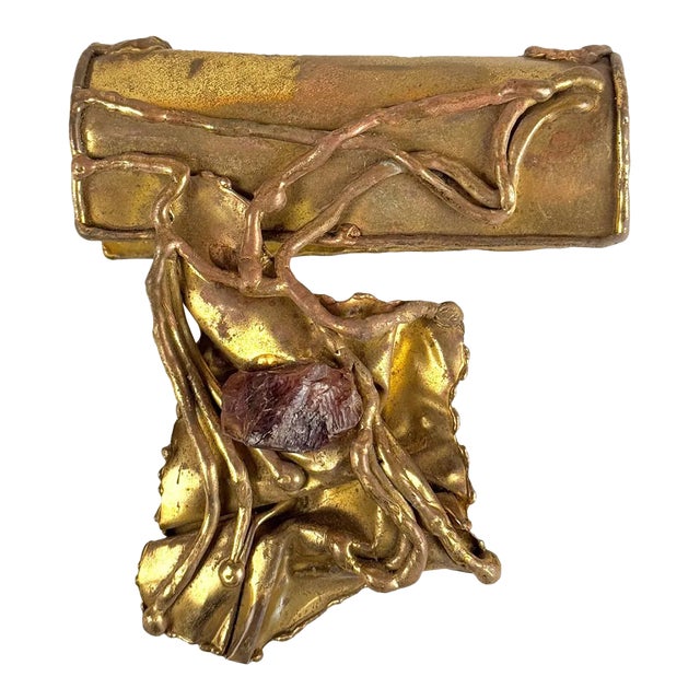 Vintage Brazilian Brutalist Brass & Amethyst Hand Bag Purse Clasp Topper For Sale