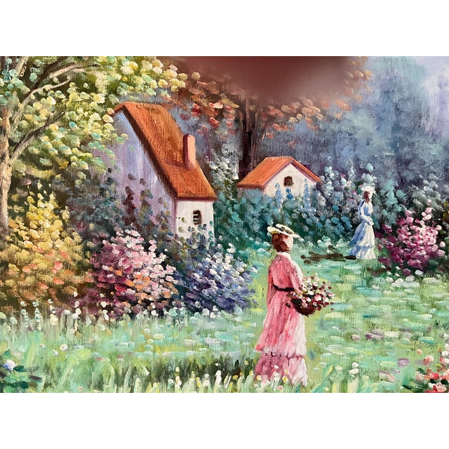 Impressionist W. Hodges Signed Oil Painting on Canvas River Cottage Floral Landscape For Sale - Image 3 of 6