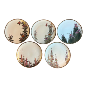 1930s Set of 5 William Rae Japanese Satsuma Hand-Painted Porcelain Plates With Gilt Accents