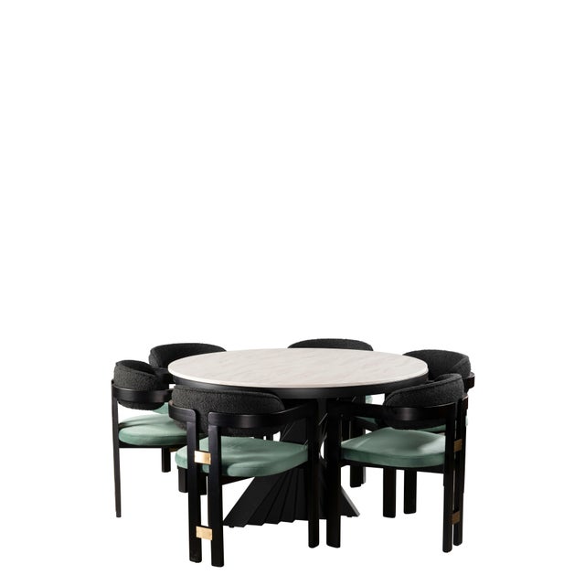 Sophisticated materials draw inspiration from modern geometry to create this stunning dining room set for six people. The...