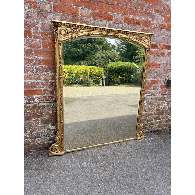 Large Antique English Carved Wood and Gesso Gilt Overmantle Mirror, 1800s For Sale - Image 5 of 6