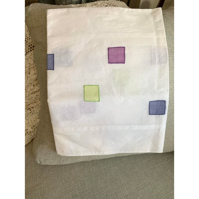 Pottery Barn Table Runner Embroidered Colored Patches Purple Blue Green on White Cotton Fabric For Sale - Image 9 of 12