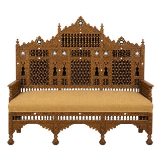 Early 20th Century Middle Eastern Carved Walnut Mashrabiya Settee, 1920s–1930s For Sale