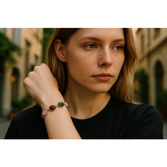 Contemporary Vintage 14k Yellow Gold Scarab Gemstone Bracelet Carved Semi-Precious Scarabs For Sale - Image 3 of 9