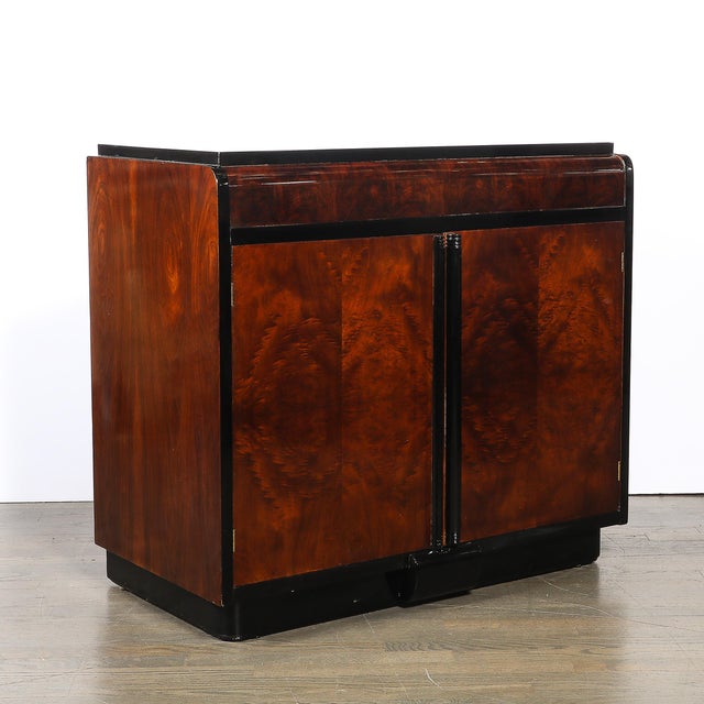 Art Deco Machine Age Waterfall Front Book-Matched Walnut & Black Lacquer Cabinet For Sale - Image 14 of 18