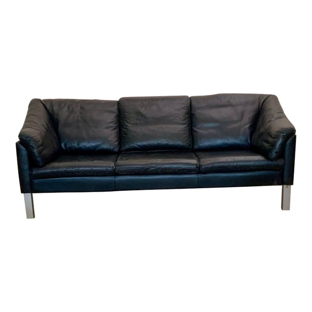 1960s Danish Mid-Century Three Seat Black Leather Sofa For Sale