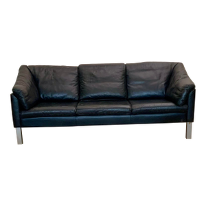 1960s Danish Mid-Century Three Seat Black Leather Sofa