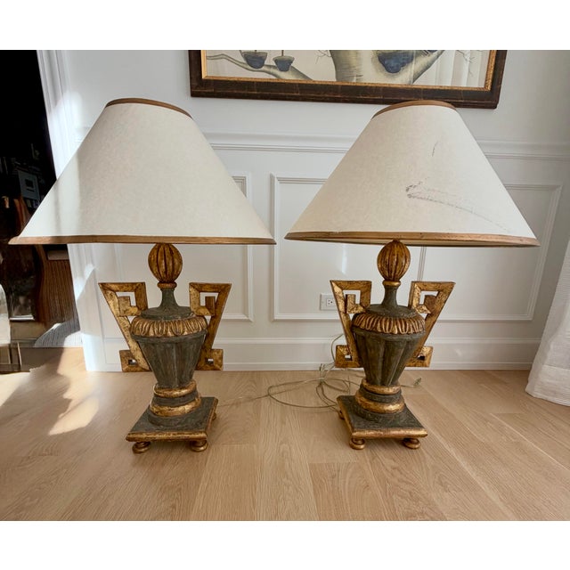 Vintage Hand-Carved Italian Parcel-Gilt Neoclassical Greek Key Urn Lamps With Original Parchment Shades - Pair For Sale - Image 10 of 11