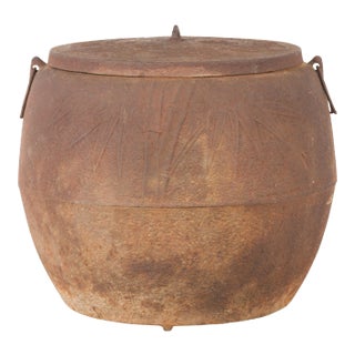 Japanese Meiji Period 1900s Distressed Iron Cooking Pot with Foliage Motifs For Sale