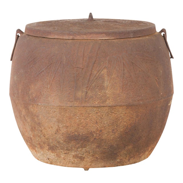 Japanese Meiji Period 1900s Distressed Iron Cooking Pot with Foliage Motifs For Sale