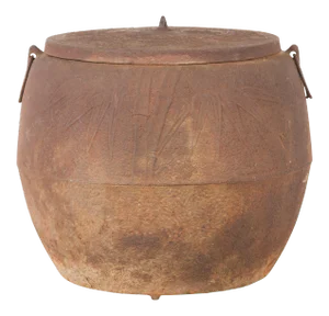 Japanese Meiji Period 1900s Distressed Iron Cooking Pot with Foliage Motifs