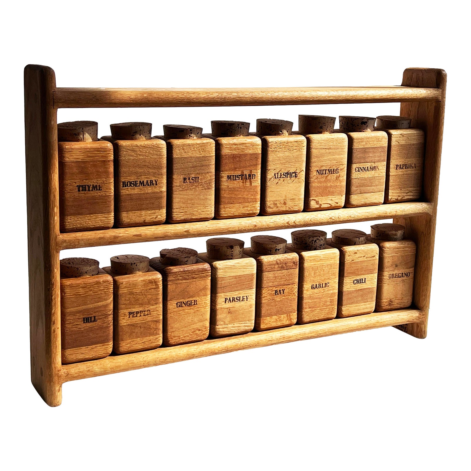 Vintage Mid Century Modern Solid Wood Spice Rack With 16 Solid Oak Jars and Cork Lids