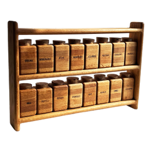 Vintage Mid Century Modern Solid Wood Spice Rack With 16 Solid Oak Jars and Cork Lids