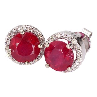 14k White Gold Stud Earrings With 5ct Lab-Grown Ruby and Diamond Accents, A Pair For Sale
