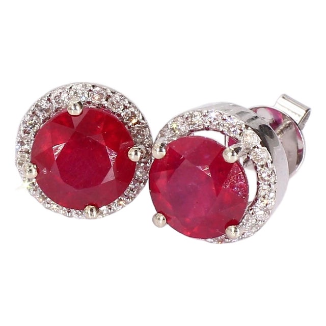 14k White Gold Stud Earrings With 5ct Lab-Grown Ruby and Diamond Accents, A Pair For Sale