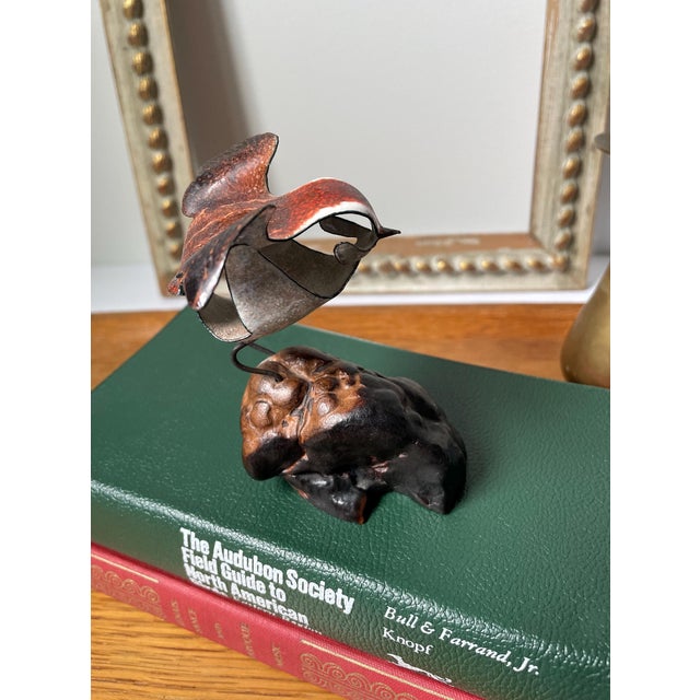 1970s Vintage Norman Brumm Signed Enameled Copper Bird Sculpture on Burl Wood Base For Sale - Image 5 of 7