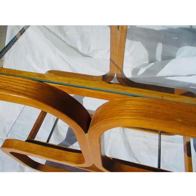 Wood Vintage MCM Mid Century Plycraft Attributed Étagère Oak Glass Wood Shelving Unit Bookcase Display For Sale - Image 7 of 12