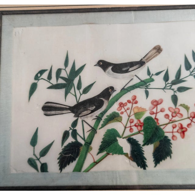 Wood 19th Century Chinese Export Watercolor Rice Paper Painting in Lemon Gold Frame For Sale - Image 7 of 11