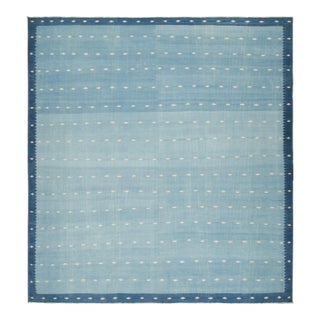 Vintage Dhurrie Square Rug in Blue With Cream Geometric Patterns - Rug & Kilim For Sale