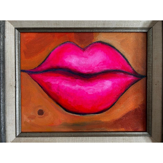 Original Pop Art Painting of Hot Pink Lips in Vintage Wood Frame For Sale - Image 4 of 6