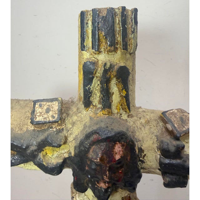 18th Century Large 1700's Antique Polychromed Carved Folk Art Wood Religious Crucifix Cross For Sale - Image 5 of 18