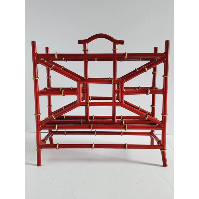 Faux Bamboo Chinoiserie Style Red Painted Magazine Rack | Chairish