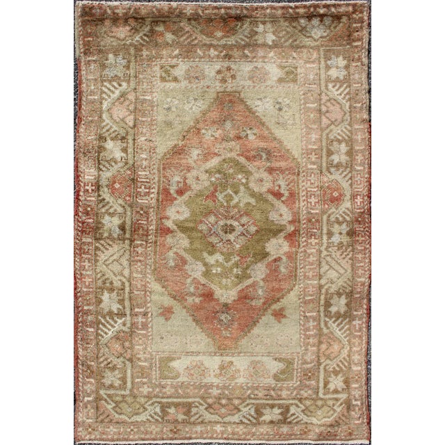 Textile Vintage Turkish Oushak Rug With Soft Sage, Coral, and Faded Ivory Tones 3′1″ × 4′10″ For Sale - Image 7 of 7