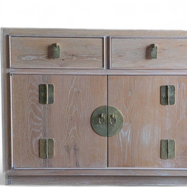 Refinished Mount Airy Bleached Oak Sideboard With Brass Hardware, Mid-Century For Sale - Image 15 of 18