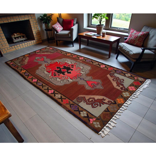 Tribal Vintage Turkish Kilim Runner Rug Hand Woven Wool Large Runner Rug - 5'10" X 11'7" For Sale - Image 3 of 17