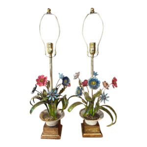 Italian Chippy Paint Patina Tole Metal Urn Floral Flower Table Lamps New Wiring