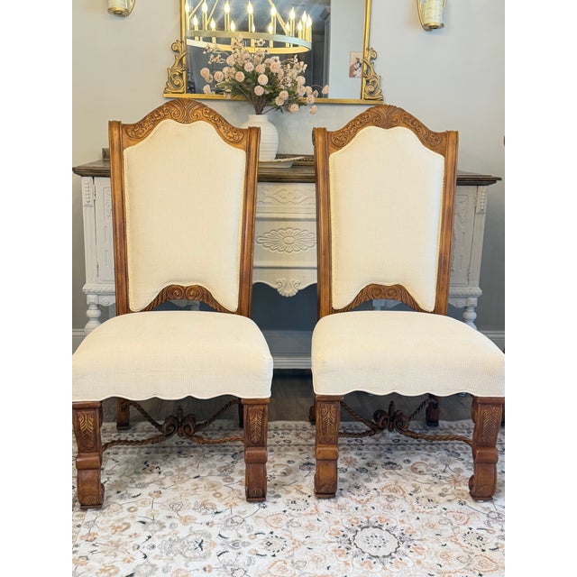 French Provincial Set of 6 European Barley Twist Carved Upholstered Dining Chairs, Late 20th Century For Sale - Image 3 of 12
