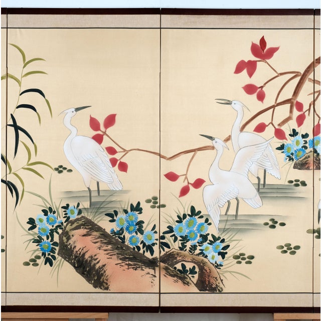 Japanese 4-Panel Byobu 4 White Wading Egrets Hand Painted & Hand Signed Folding Divider Screen Mid 20th Century For Sale - Image 4 of 7