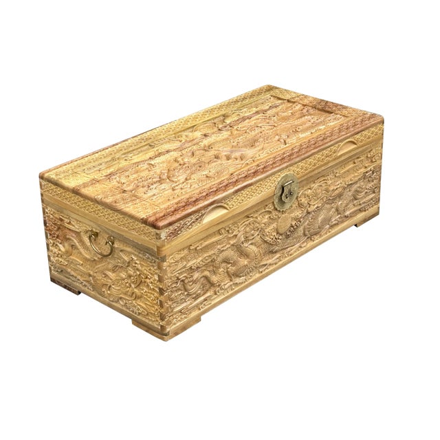 Asian Light Tan Brown Dragon Carving Camphor Wood Trunk Chest For Sale - Image 3 of 13