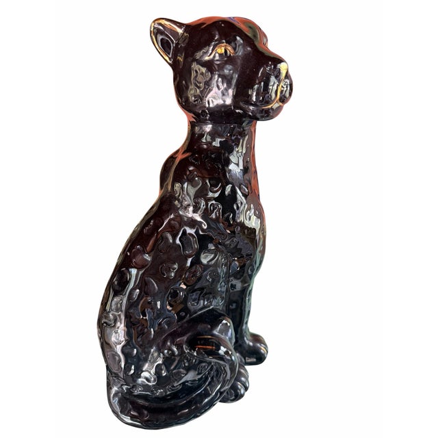 1980s Vintage Black Ceramic Cat Cheetah Panther Statue Gold Accent Panther Sculpture |Hollywood Regency Animal Figurine For Sale - Image 5 of 11
