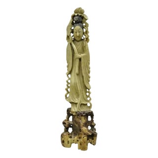 Early 20th Century Chinese Carved Soapstone Guanyin Kwan Yin Figurine Statue Sculpture For Sale
