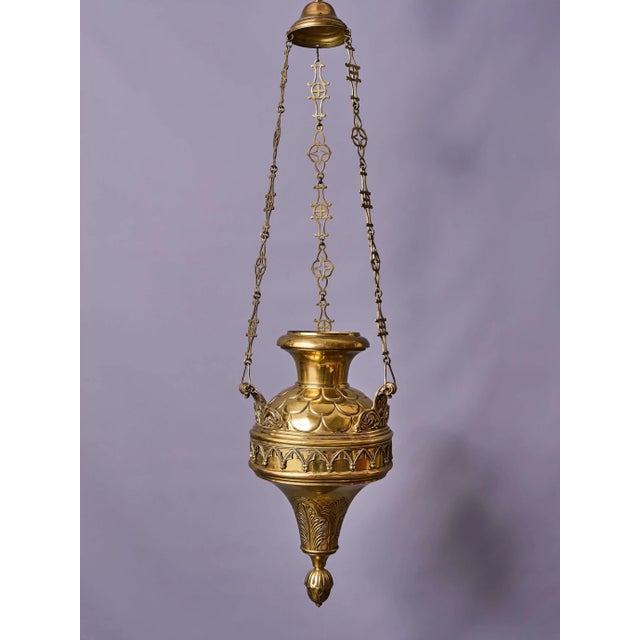A representative hanging lamp made of brass, originally intended for a glass oil container. This is a high-quality sacral...
