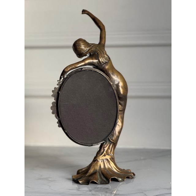 Vintage Patinated Bronze Art Nouveau Standing Lady Vanity Mirror 14” X 6.5” For Sale - Image 4 of 10