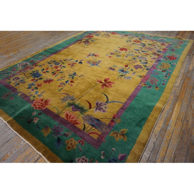 1920s Chinese – Art Deco Room Size Wool Rectangle Antique Knotted Yellow Rug, Circa Date: 1920s. This exceptional piece...