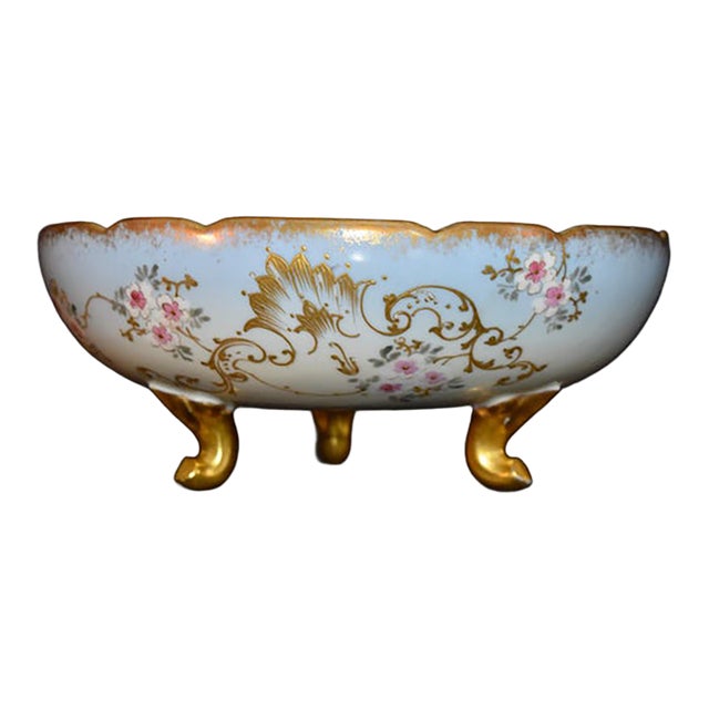 Limoges France Porcelain Colander Antique Berry Bowl Footed Strainer Gilt For Sale