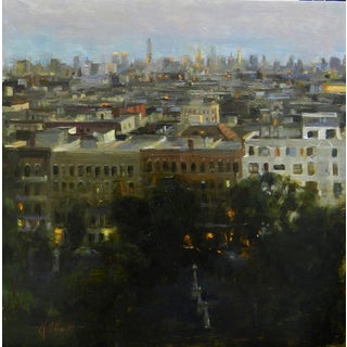 South by Karen Offutt | Oil Painting of a cityscape at dusk with buildings and lights. For Sale
