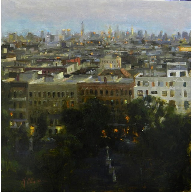 South by Karen Offutt | Oil Painting of a cityscape at dusk with buildings and lights. For Sale