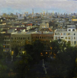 South by Karen Offutt | Oil Painting of a cityscape at dusk with buildings and lights.